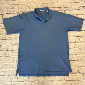 Peter Millar mens’ sz L polo with flag emblem, 1/4 button collar.